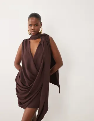 ASOS DESIGN drape wrap front mini with scarf detail in chocolate