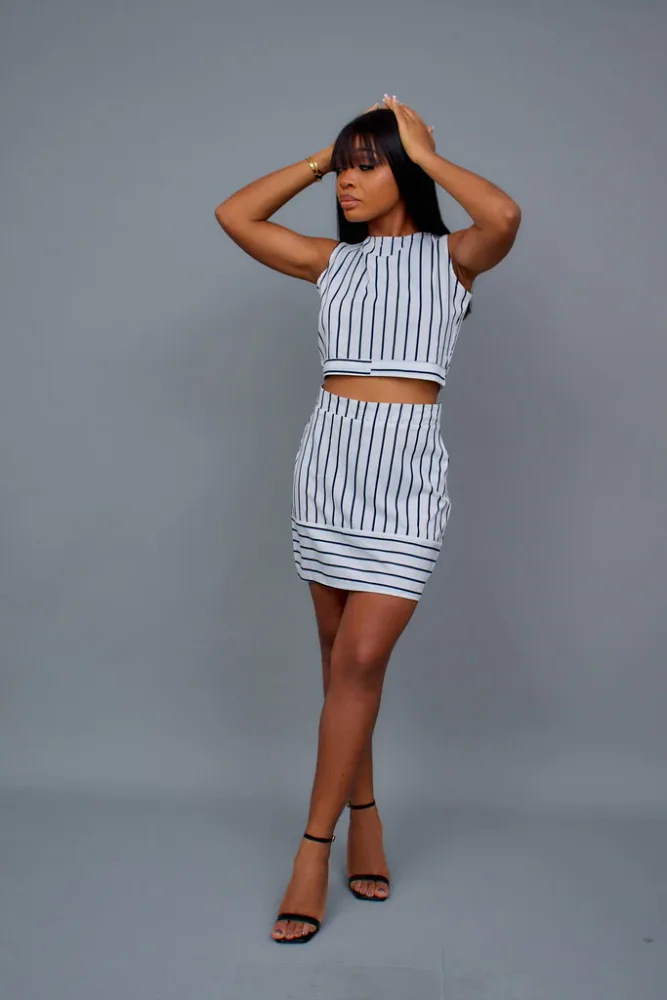 STRIPED SLEEVELESS TOP AND SKIRT