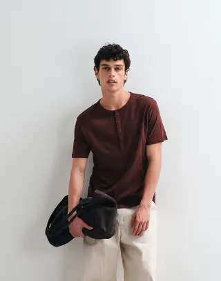 ASOS DESIGN regular fit T-shirt with henley neck in brown with linen