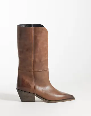 ASOS DESIGN Cael premium clean pull on cowboy boots in burnished brown leather