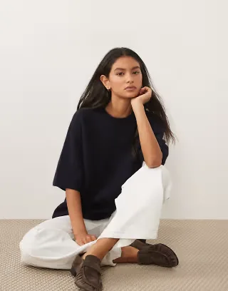 ARKET alpaca and wool blend short sleeve sweater in dark blue