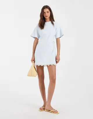 ASOS DESIGN cinched waist lace detail mini dress in light blue