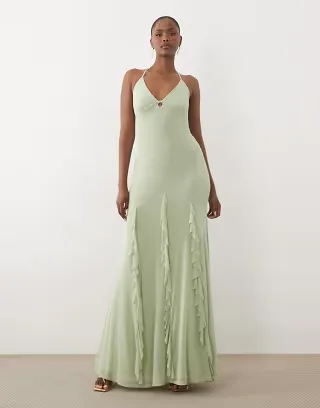 ASOS DESIGN mesh frill maxi dress with halter straps in sage