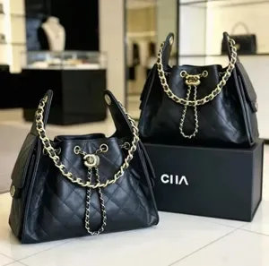 Vintage Large Genuine Leather Caviar Shoulder Hobo Bag, Designer Channel-Style Crossbody Bucket Bag with Chain Strap