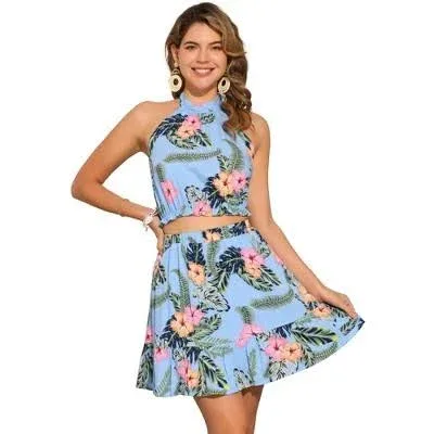 INSPIRE CHIC Women's Floral Halter Neck Sleeveless Crop Top with Short Skirt Outfits Set 2 Pcs Blue Large