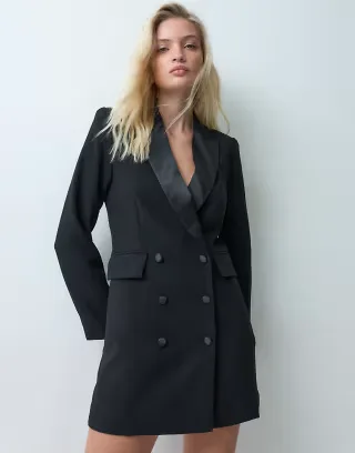Rare London satin lapel double breasted blazer mini dress in black