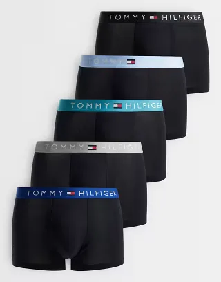 Tommy Hilfiger Original 5 pack boxer briefs in black with black/gray/blue waistbands