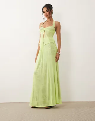 AFRM Amirah mesh lace overlay high rise knot detail maxi skirt in acid lime - part of a set