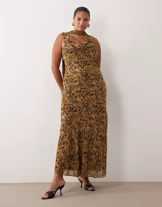 Pretty Lavish Curve cowl neck tie detail chiffon maxi dress in brown animal print