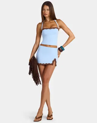 Oh Polly modal lace trim low rise mini skirt in light blue -set