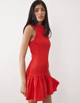 ASOS DESIGN shirred drop waist mini dress in red