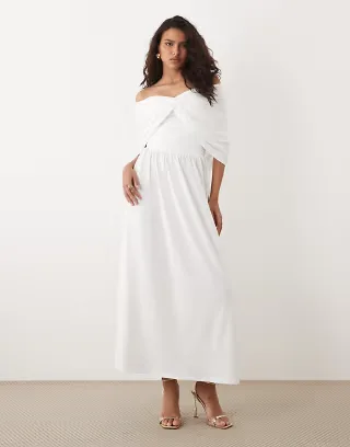 SNDYS bandeau draped shoulder detail dropped waist maxi dress in white