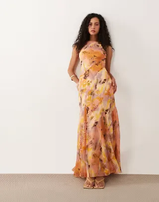 ASOS DESIGN racer neck bias maxi dress with godet hem orange abstract print