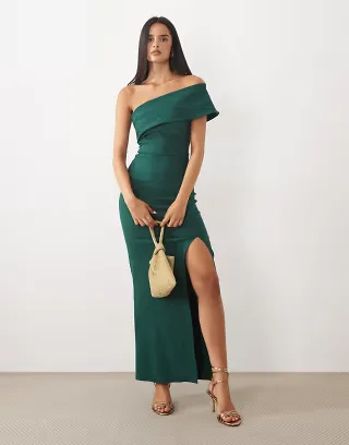Vesper off the shoulder foldover bengaline maxi dress in dark green