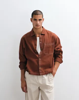 ASOS DESIGN boxy oversized cotton twill shirt with contrast stitch in rust