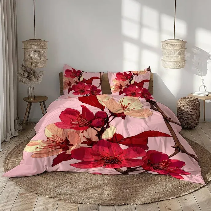 Cherry Blossom Bedding Set, Sakura Floral Duvet Cover, Japanese Pink Red Flower Bed Set, Pink Red Cream Brown Bedroom De