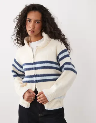 Kiwi & Co Sunday hooded detail zip through stripe front cardigan in cream & blue