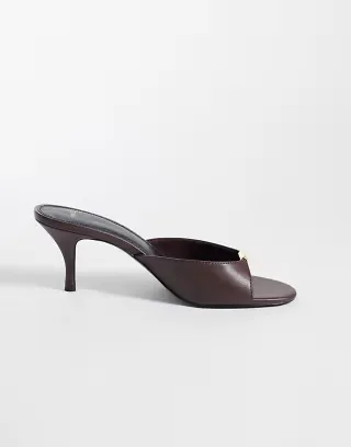 Mango heeled mules with gold trim in burgundy