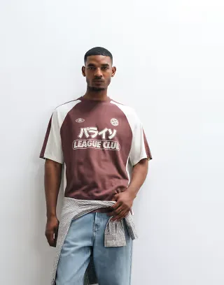 ASOS DESIGN oversized T-shirt with Japanese soccer graphic in brown