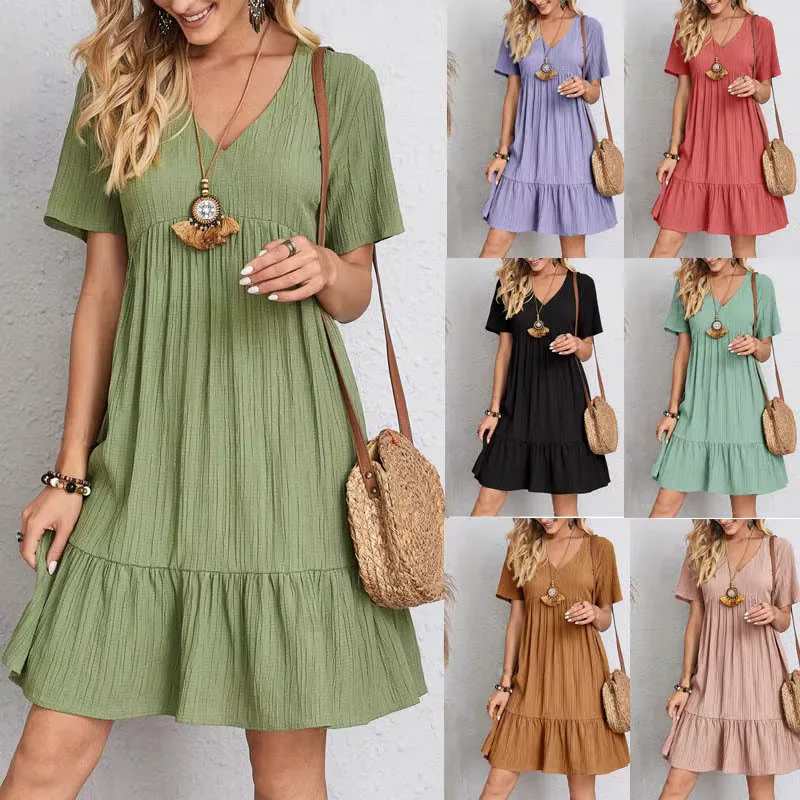 Women Summer Peplum Dresses Spring V-Neck Short Sleeve Loose Waist Ruffle Fit Flare Vocation Dresses