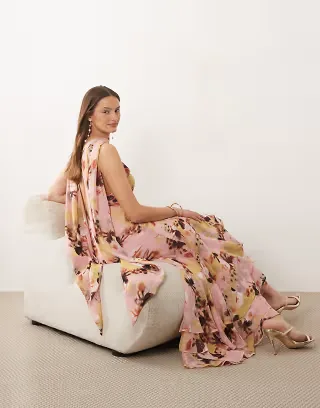 ASOS DESIGN Tall halter maxi dress with scarf detail and ruffle hem in floral print