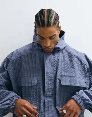Cernucci nylon plaid hooded windbreaker in blue
