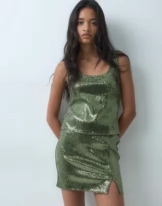 JJXX set sequin skirt in olive green