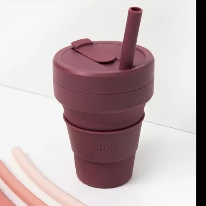 Corkcicle Stojo 12 Oz Collapsible Cup With 4 Reusable [NWT Straws In Plum Mauve NEW - New Vintage & collectibles