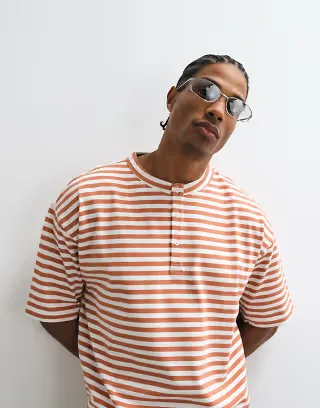 ASOS DESIGN heavyweight boxy oversized Henley T-shirt in red striped print