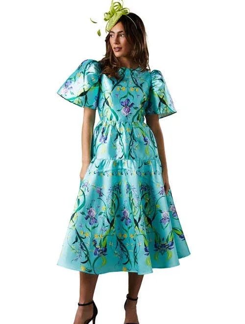 Coast Twill Puff Sleeve Printed Midi Dress in Green at Nordstrom, Size 10