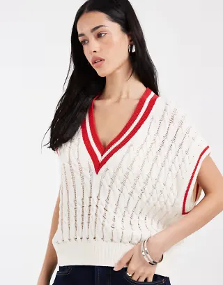 Tommy Jeans tipping detail cable knit sweater vest in cream