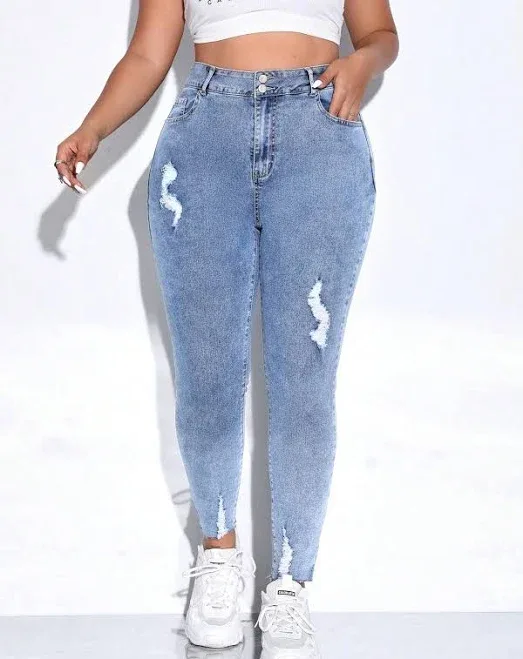 Shein Plus High Waist Ripped Raw Cut Skinny Jeans