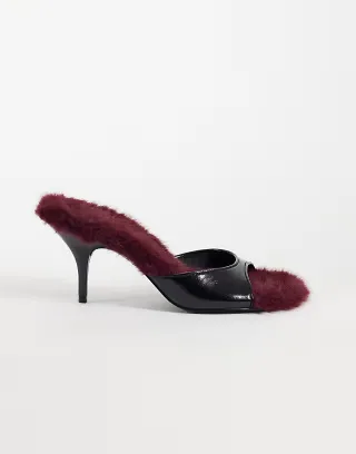 ASOS DESIGN Hooray mid heeled mules in black with plum faux fur