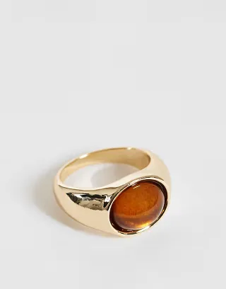ASOS DESIGN Ring with oval amber stone set in gold tone