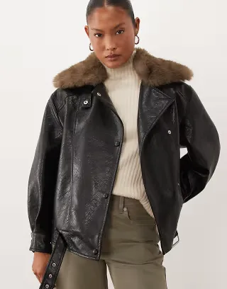 ASOS DESIGN Petite leather look moto jacket with tan faux fur collar in black