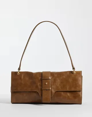 & Other Stories pure suede cracked leather shoulder flap bag with gold hardware in brown