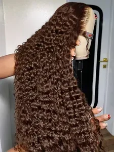 Dark Brown Curly Human Hair Wigs - 13x4 HD Lace Front Deep Wave Water Wave Frontal Wig - Ready to Wear Pelucas for Cospl