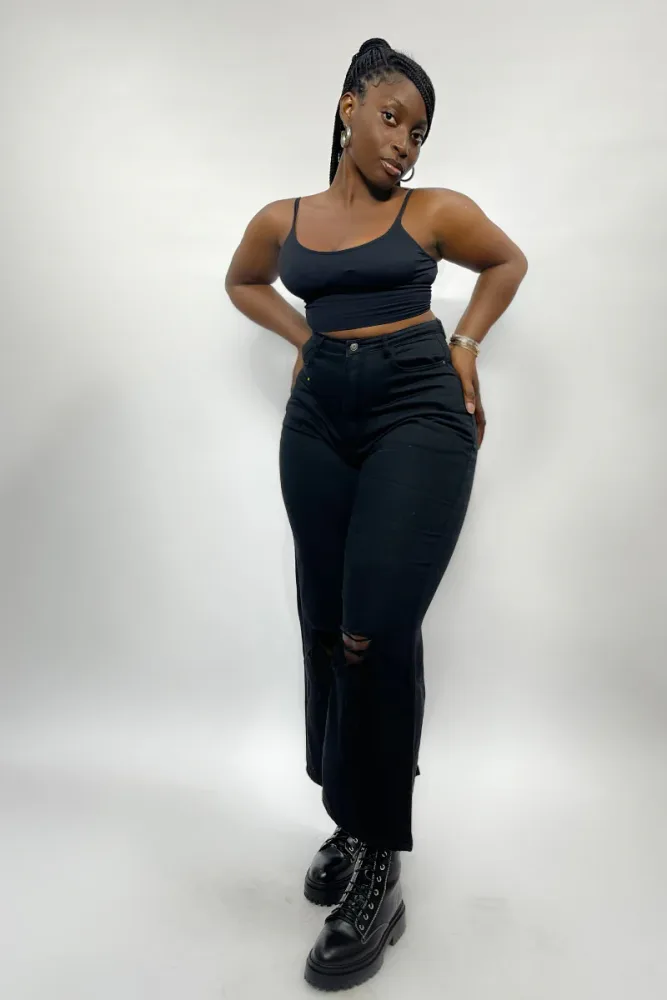 BLACK HIGH WAIST DISTRESSED DENIM MOM JEANS