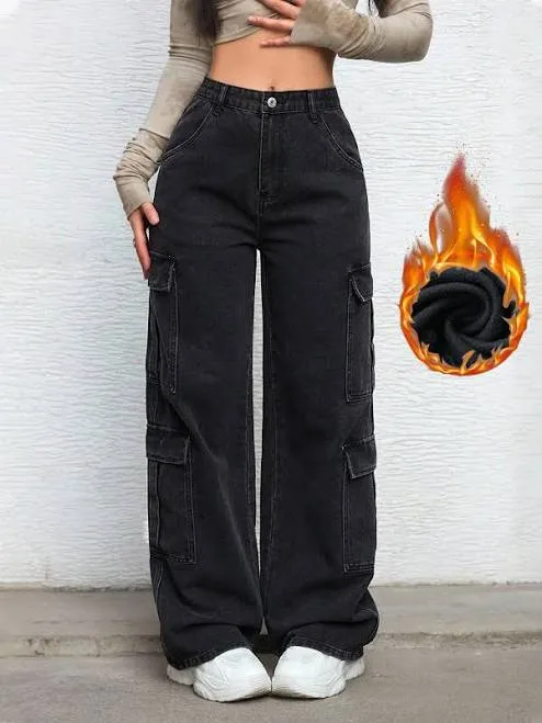 SHEIN Women's Zipper Fly Flap Pocket Cargo Jeans