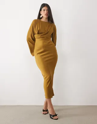 ASOS DESIGN modesty flute sleeve draped maxi dress in brown