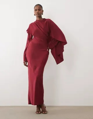 ASOS DESIGN asymmetric cape detail maxi dress with gathered waist in berry
