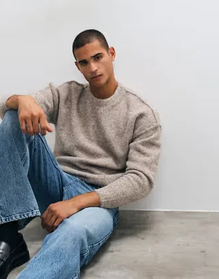 ASOS DESIGN relaxed knit exposed crew neck sweater in taupe