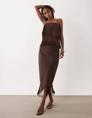 ASOS DESIGN linen look fringe pencil skirt in chocolate