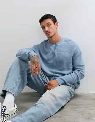 ASOS DESIGN oversized knit henley sweater in blue