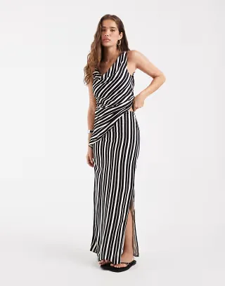 BRONZE SNAKE Rita off the shoulder top and skirt set in black stripes