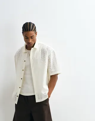 ASOS DESIGN boxy oversized broderie shirt in off white