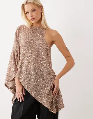 ASOS DESIGN sequin asymmetric one-sleeve cape top in gold
