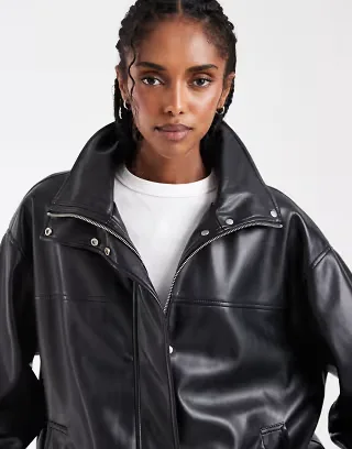 ASOS DESIGN clean leather look funnel track bomber jacket in black