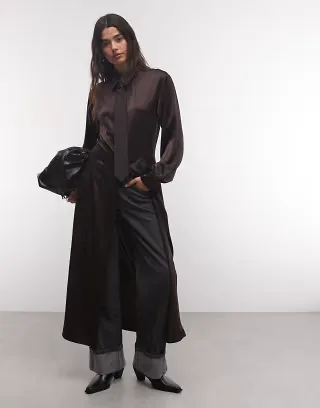 ASOS DESIGN satin maxi shirt in chocolate brown