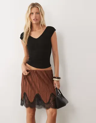 ASOS DESIGN mix & match plisse mini skirt in brown with black lace trim
